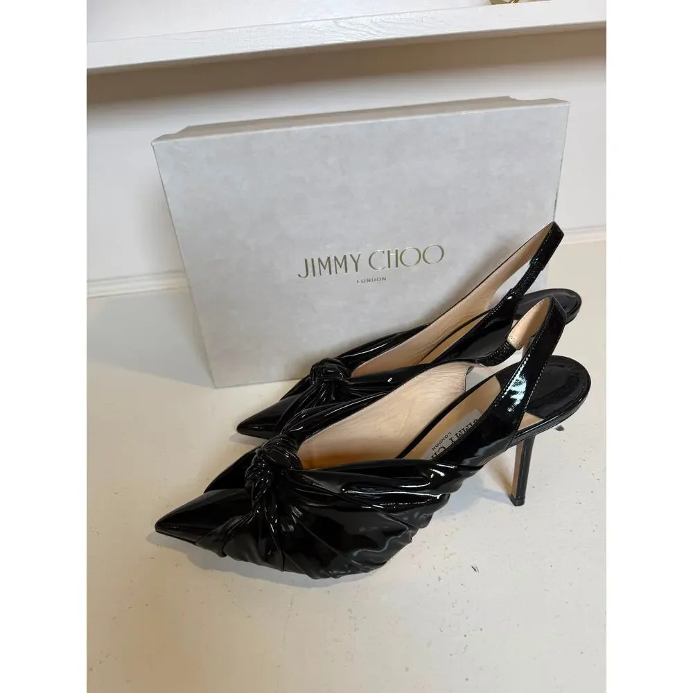 NWB Jimmy Choo Patent Leather Bow Accents Slingback Pumps Black Womens Size 40